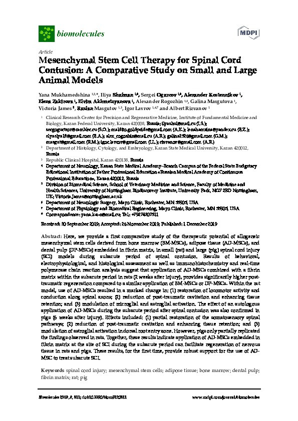 Mesenchymal Stem Cell Therapy for Spinal Cord Contusion: A Comparative Study on Small and Large Animal Models Thumbnail