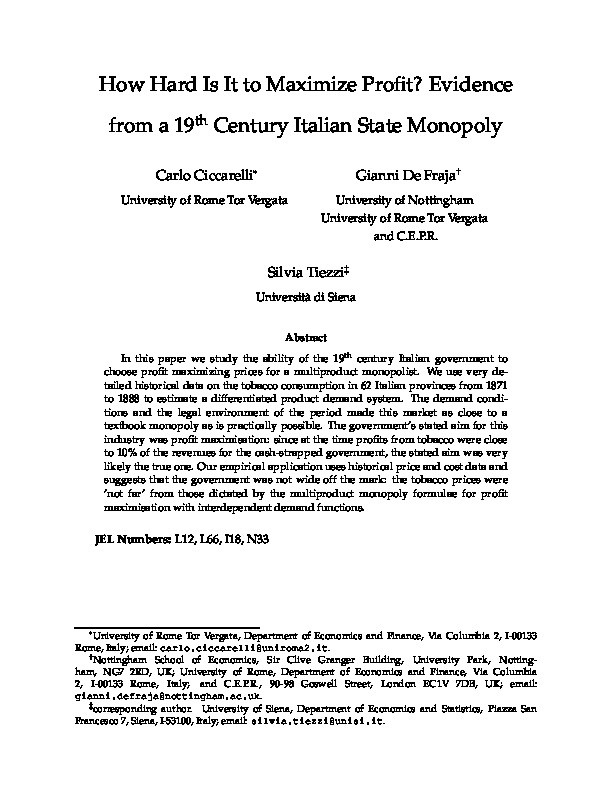 How Hard Is It to Maximize Profit? Evidence from a 19th century Italian State Monopoly Thumbnail