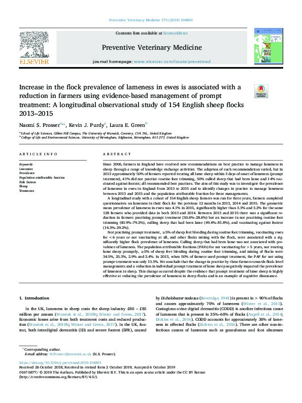 Increase in the flock prevalence of lameness in ewes is associated with a reduction in farmers using evidence-based management of prompt treatment: A longitudinal observational study of 154 English sheep flocks 2013–2015 Thumbnail