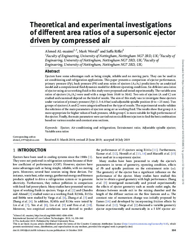 Theoretical and experimental investigations of different area ratios of a supersonic ejector driven by compressed air Thumbnail