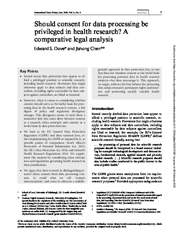 Should consent for data processing be privileged in health research? A comparative legal analysis Thumbnail
