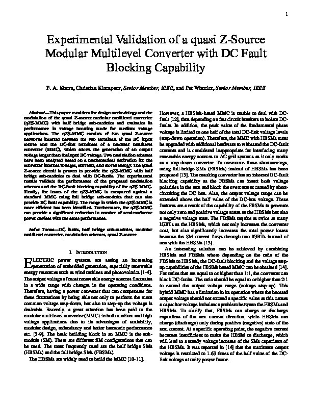 Experimental Validation of a quasi Z-Source Modular Multilevel Converter with DC Fault Blocking Capability Thumbnail