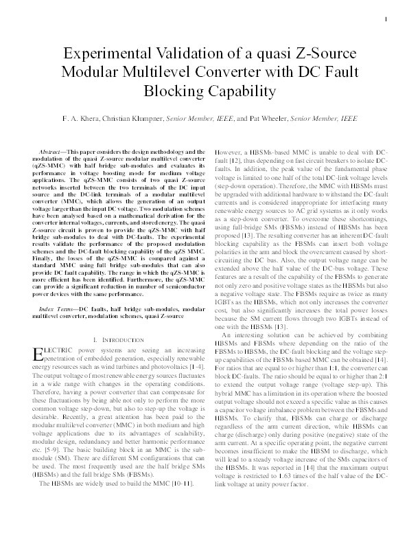 Experimental Validation of a quasi Z-Source Modular Multilevel Converter with DC Fault Blocking Capability Thumbnail