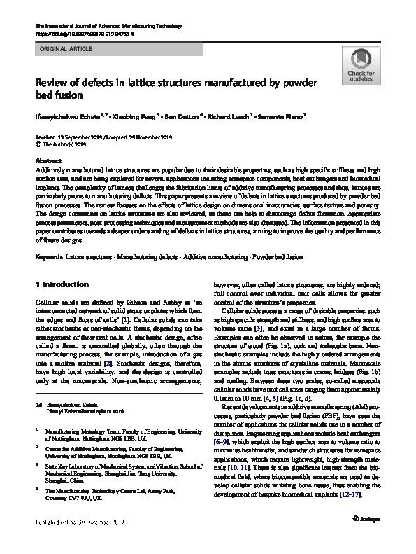Review of defects in lattice structures manufactured by powder bed fusion Thumbnail