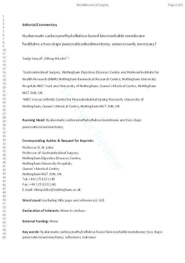 Hyaluronate Carboxymethylcellulose-Based Bioresorbable Membrane Facilitates a Two-Stage Pancreaticoduodenectomy: Unnecessarily Necessary? Thumbnail