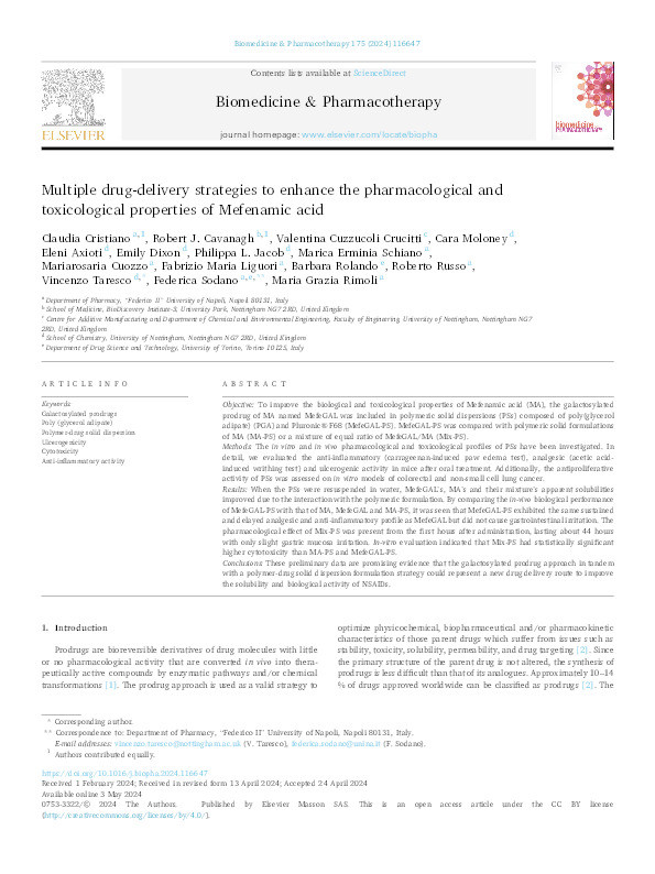 Multiple drug-delivery strategies to enhance the pharmacological and toxicological properties of Mefenamic acid Thumbnail