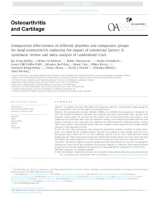 Comparative effectiveness of different placebos and comparator groups for hand osteoarthritis exploring the impact of contextual factors: A systematic review and meta-analysis of randomised trials Thumbnail