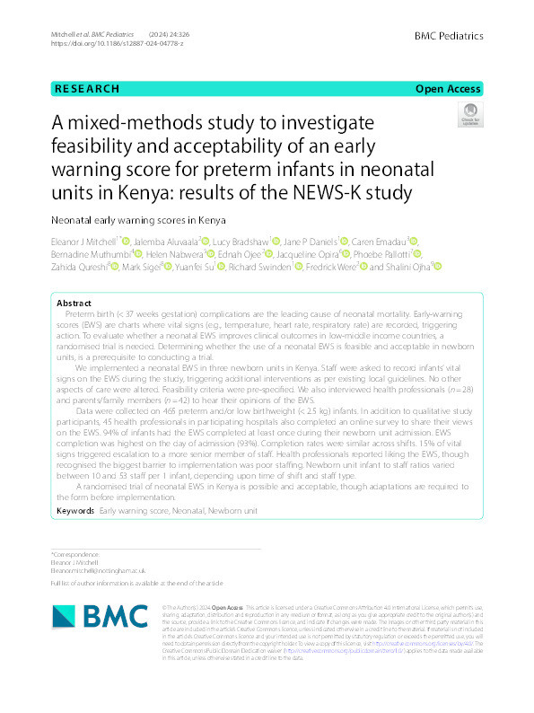 A mixed-methods study to investigate feasibility and acceptability of an early warning score for preterm infants in neonatal units in Kenya: results of the NEWS-K study Thumbnail