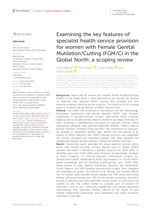 Examining the key features of specialist health service provision for women with Female Genital Mutilation/Cutting (FGM/C) in the Global North: a scoping review Thumbnail