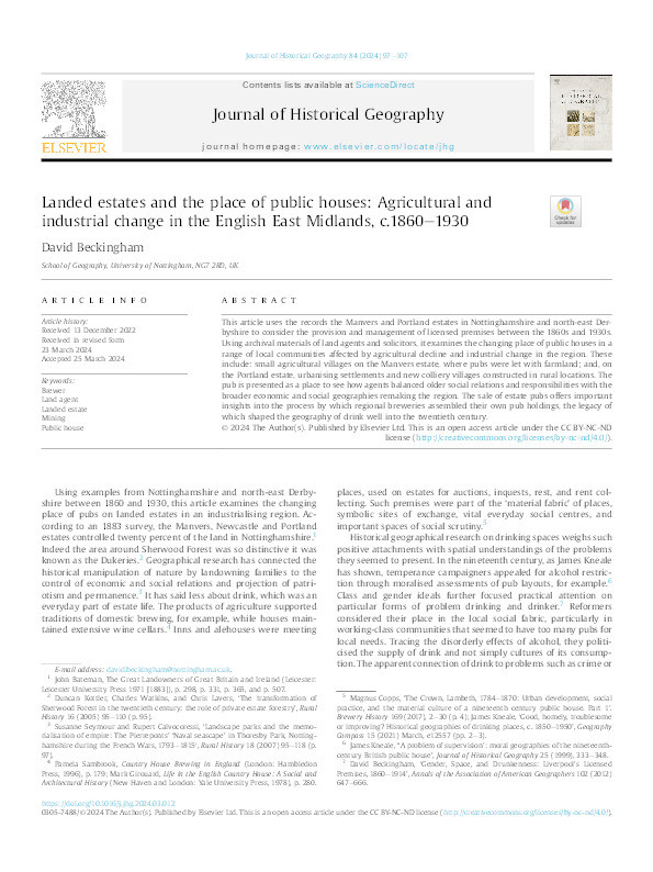 Landed estates and the place of public houses: Agricultural and industrial change in the English East Midlands, c.1860–1930 Thumbnail