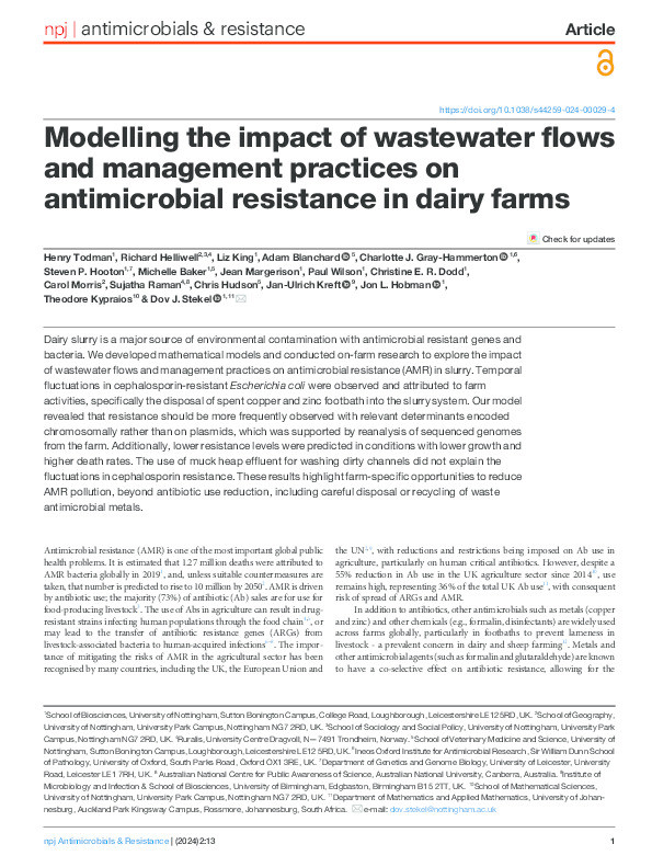 Modelling the impact of wastewater flows and management practices on antimicrobial resistance in dairy farms Thumbnail