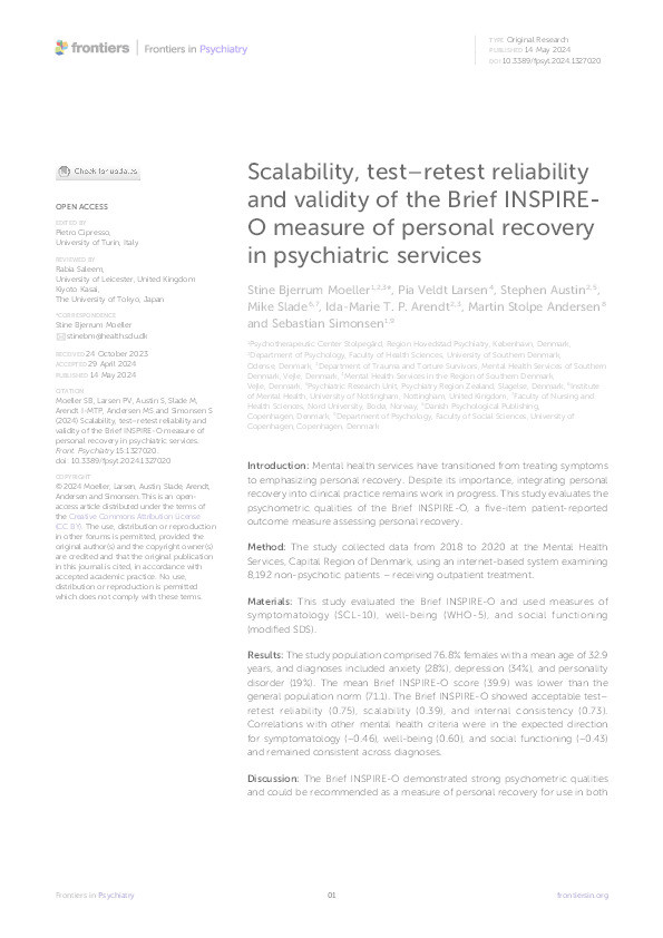 Scalability, test–retest reliability and validity of the Brief INSPIRE-O measure of personal recovery in psychiatric services Thumbnail