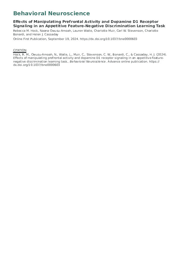 Effects of manipulating prefrontal activity and dopamine D1 receptor signalling in an appetitive feature-negative discrimination learning task Thumbnail