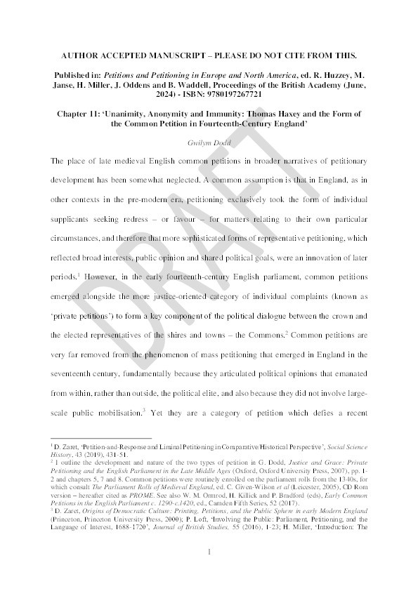 Unanimity, Anonymity and Immunity: Thomas Haxey and the Form of the Common Petition in Fourteenth-Century England Thumbnail