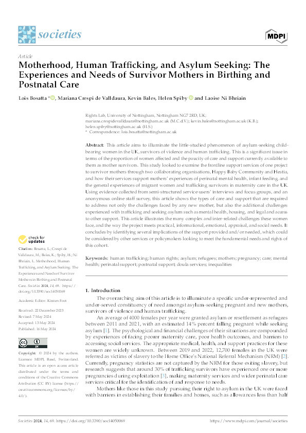 Motherhood, Human Trafficking, and Asylum Seeking: The Experiences and Needs of Survivor Mothers in Birthing and Postnatal Care Thumbnail