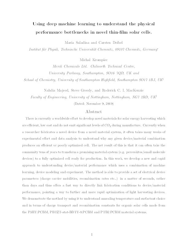 Using Deep Machine Learning to Understand the Physical Performance Bottlenecks in Novel Thin‐Film Solar Cells Thumbnail