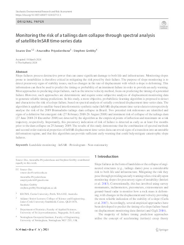 Monitoring the risk of a tailings dam collapse through spectral analysis of satellite InSAR time-series data Thumbnail