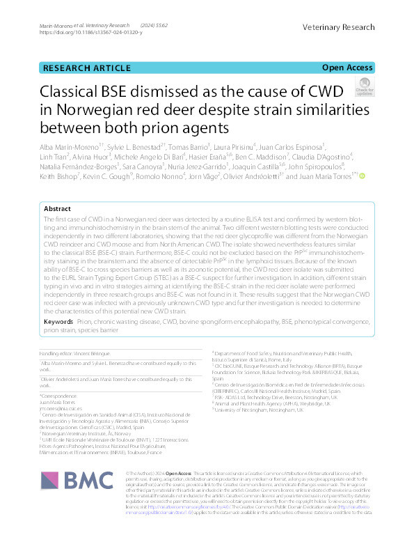 Classical BSE dismissed as the cause of CWD in Norwegian red deer despite strain similarities between both prion agents Thumbnail