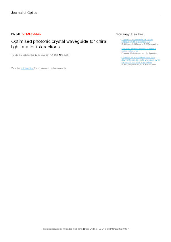 Optimised photonic crystal waveguide for chiral light–matter interactions Thumbnail
