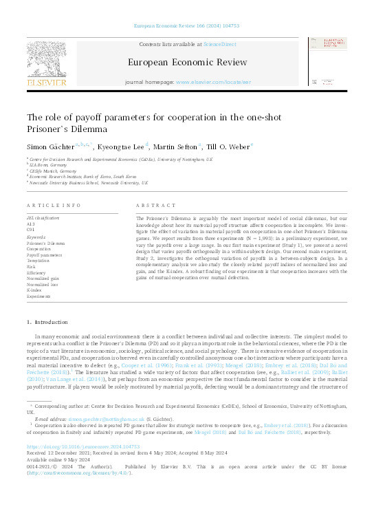 The role of payoff parameters for cooperation in the one-shot Prisoner's Dilemma Thumbnail