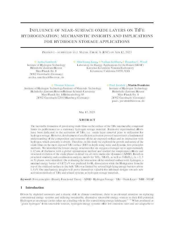 Influence of near-surface oxide layers on TiFe hydrogenation: mechanistic insights and implications for hydrogen storage applications Thumbnail