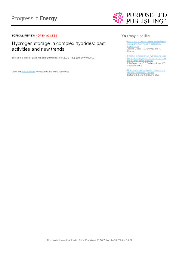 Hydrogen storage in complex hydrides: past activities and new trends Thumbnail