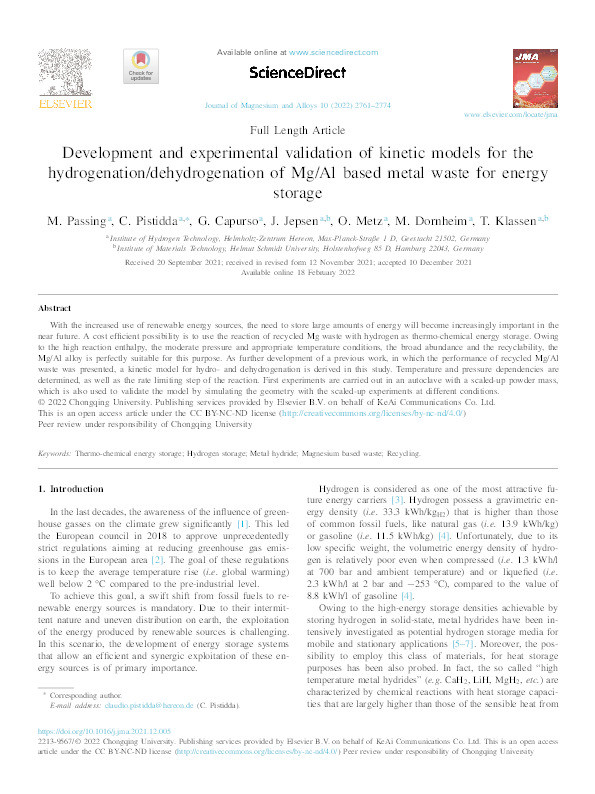 Development and experimental validation of kinetic models for the hydrogenation/dehydrogenation of Mg/Al based metal waste for energy storage Thumbnail