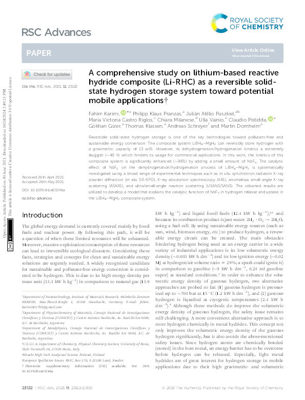 A comprehensive study on lithium-based reactive hydride composite (Li-RHC) as a reversible solid-state hydrogen storage system toward potential mobile applications Thumbnail