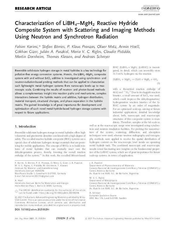 Characterization of LiBH4–MgH2 Reactive Hydride Composite System with Scattering and Imaging Methods Using Neutron and Synchrotron Radiation Thumbnail