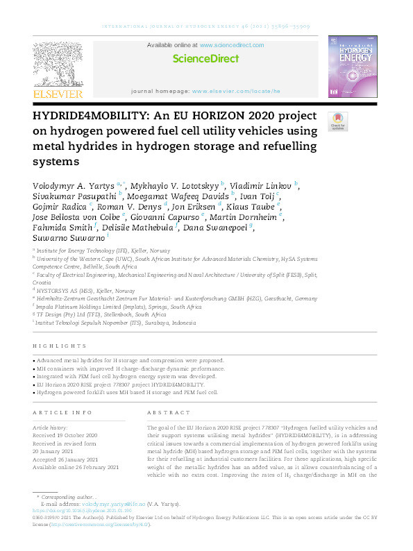 HYDRIDE4MOBILITY: An EU HORIZON 2020 project on hydrogen powered fuel cell utility vehicles using metal hydrides in hydrogen storage and refuelling systems Thumbnail