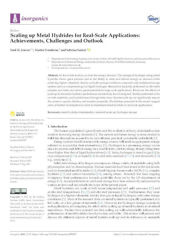 Scaling up Metal Hydrides for Real-Scale Applications: Achievements, Challenges and Outlook Thumbnail