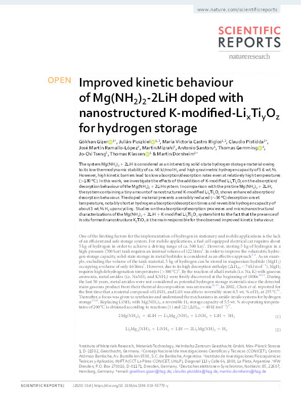 Improved kinetic behaviour of Mg(NH2)2-2LiH doped with nanostructured K-modified-LixTiyOz for hydrogen storage Thumbnail