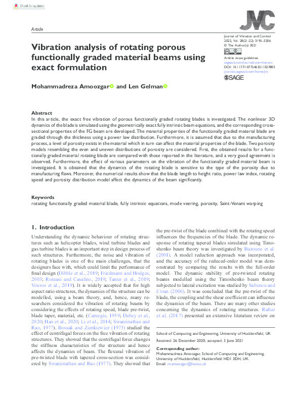 Vibration analysis of rotating porous functionally graded material beams using exact formulation Thumbnail