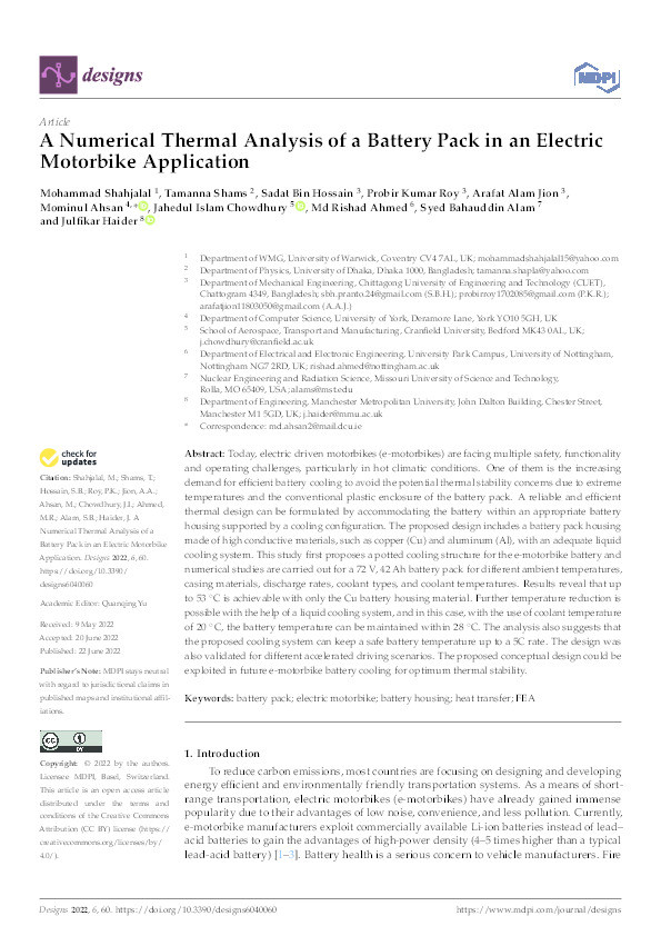 A Numerical Thermal Analysis of a Battery Pack in an Electric Motorbike Application Thumbnail