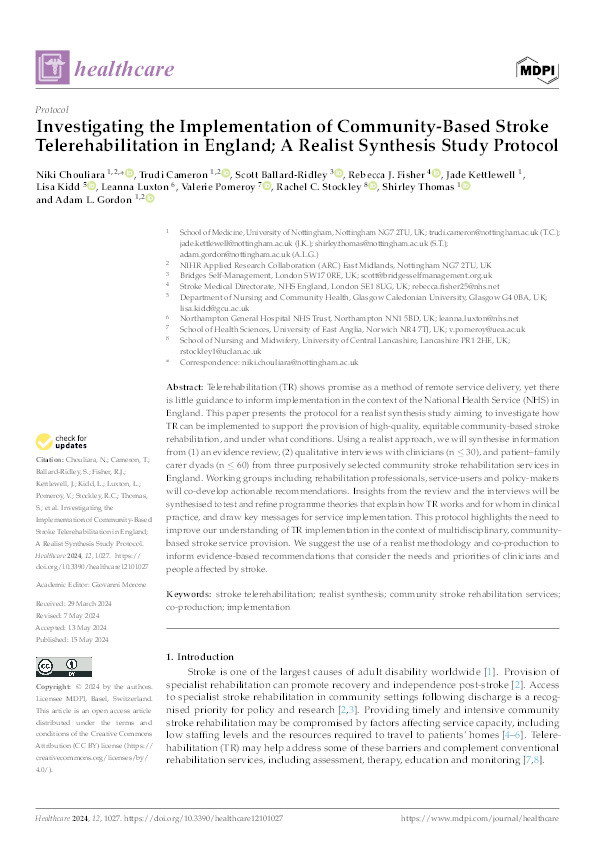 Investigating the Implementation of Community-Based Stroke Telerehabilitation in England; A Realist Synthesis Study Protocol Thumbnail