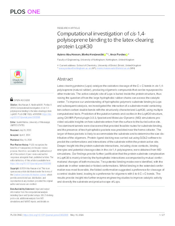 Computational investigation of cis-1,4-polyisoprene binding to the latex-clearing protein LcpK30 Thumbnail
