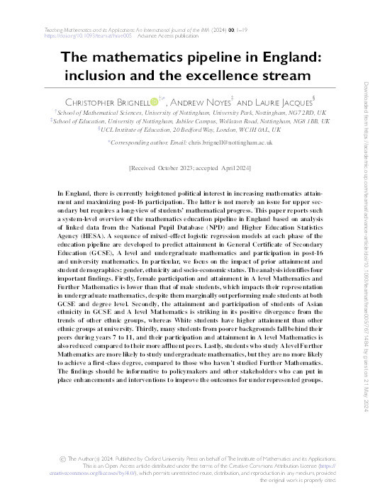 The mathematics pipeline in England: inclusion and the excellence stream Thumbnail