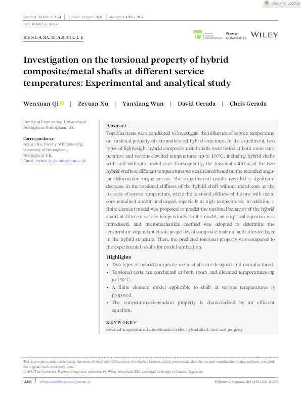 Investigation on the torsional property of hybrid composite/metal shafts at different service temperatures: Experimental and analytical study Thumbnail