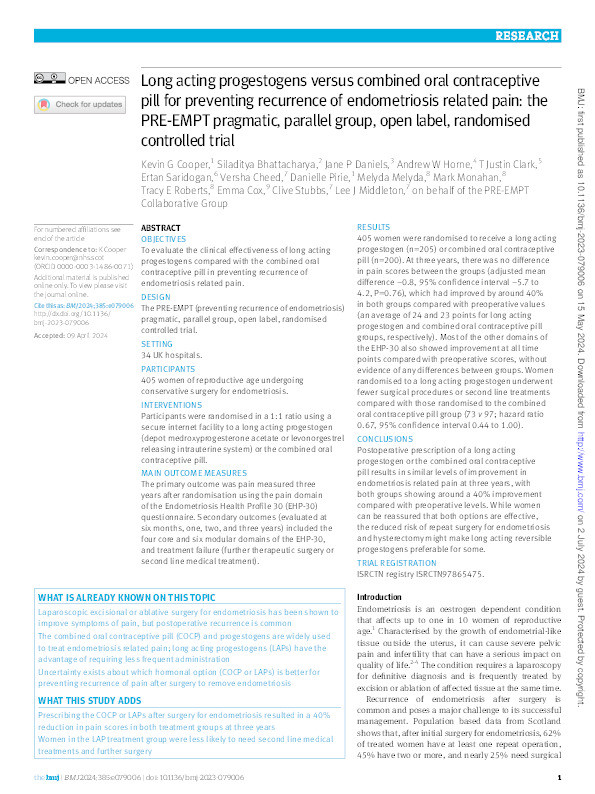 Long acting progestogens versus combined oral contraceptive pill for preventing recurrence of endometriosis related pain: the PRE-EMPT pragmatic, parallel group, open label, randomised controlled trial Thumbnail