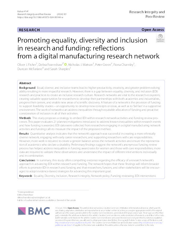 Promoting equality, diversity and inclusion in research and funding: reflections from a digital manufacturing research network Thumbnail