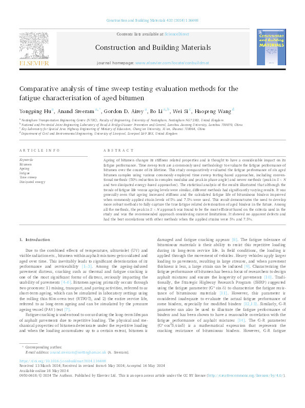 Comparative analysis of time sweep testing evaluation methods for the fatigue characterisation of aged bitumen Thumbnail