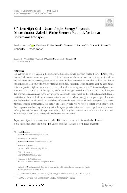 Efficient High-Order Space-Angle-Energy Polytopic Discontinuous Galerkin Finite Element Methods for Linear Boltzmann Transport Thumbnail