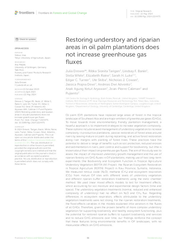 Restoring understory and riparian areas in oil palm plantations does not increase greenhouse gas fluxes Thumbnail