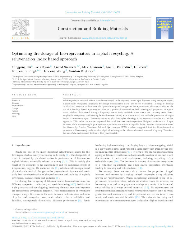 Optimising the dosage of bio-rejuvenators in asphalt recycling: A rejuvenation index based approach Thumbnail