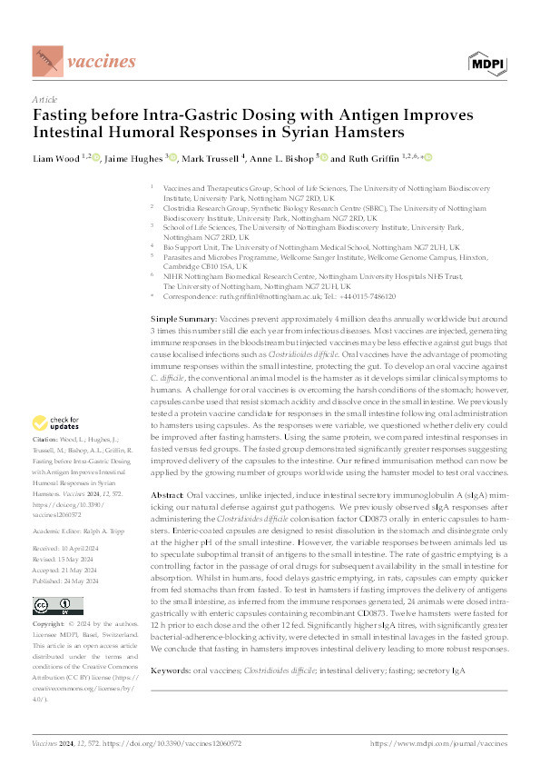 Fasting before Intra-Gastric Dosing with Antigen Improves Intestinal Humoral Responses in Syrian Hamsters Thumbnail