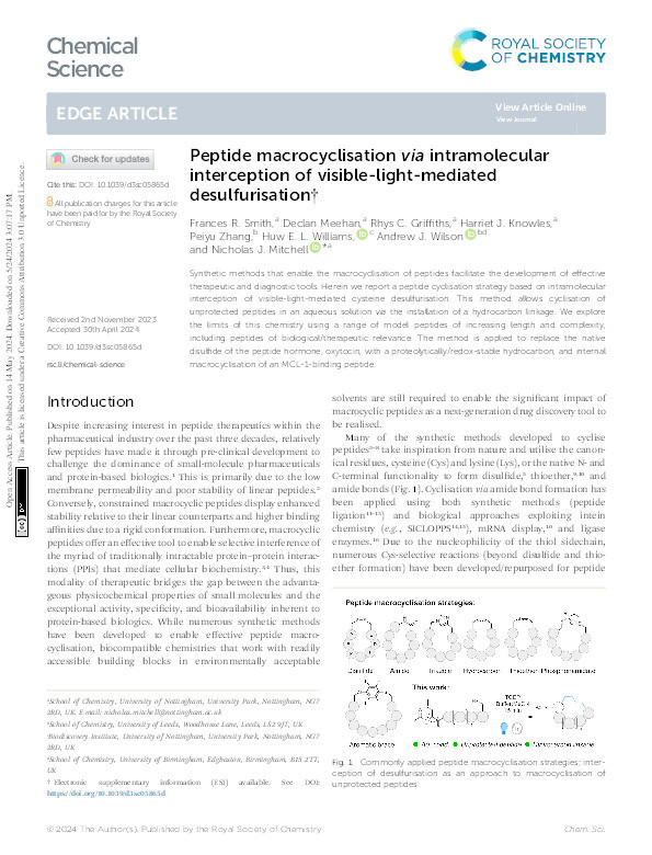 Peptide macrocyclisation via intramolecular interception of visible-light-mediated desulfurisation Thumbnail