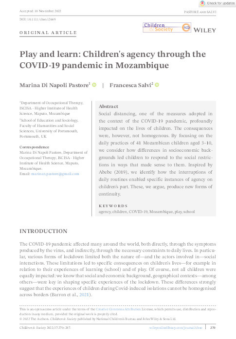 Play and learn: Children's agency through the COVID‐19 pandemic in Mozambique Thumbnail