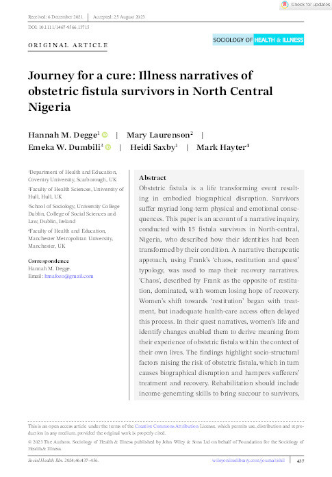 Journey for a cure: Illness narratives of obstetric fistula survivors in North Central Nigeria Thumbnail