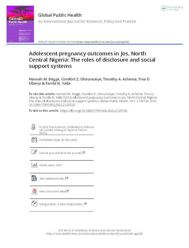 Adolescent pregnancy outcomes in Jos, North Central Nigeria: The roles of disclosure and social support systems Thumbnail