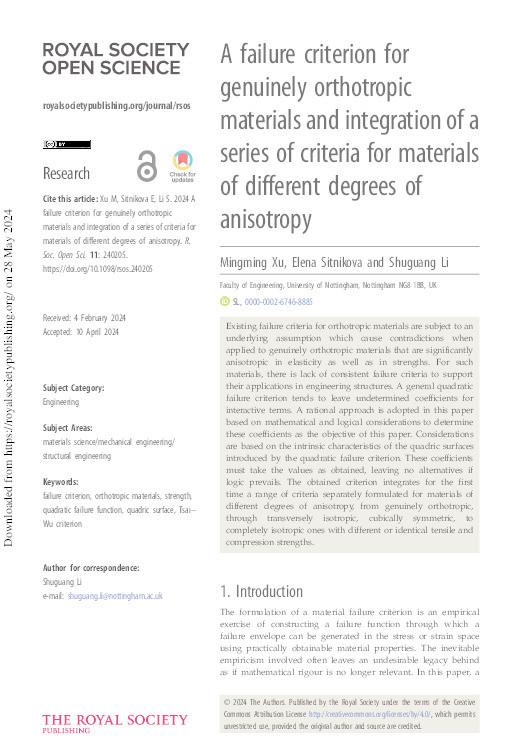 A failure criterion for genuinely orthotropic materials and integration of a series of criteria for materials of different degrees of anisotropy Thumbnail